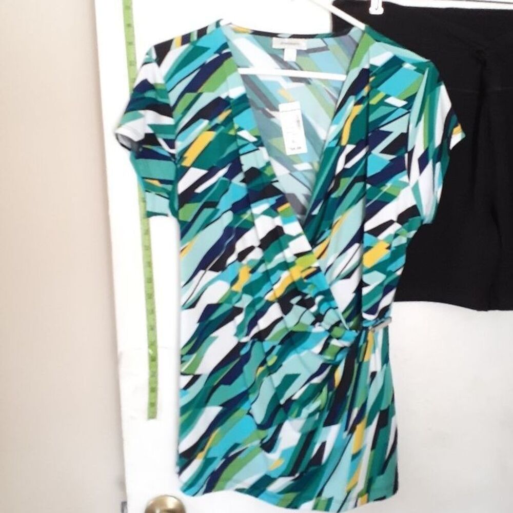new dress barn top xl knit colorful knit shirt blouse black turquoise blue green